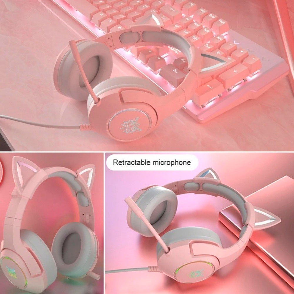 Auriculares Gamer Onikuma K9 Pink Orejas Gato Color Rosa Pc Play con Luz Led